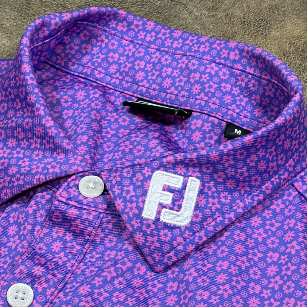 FootJoy Golf Polo Mens Medium Purple Floral Short Sleeve V 1928 Logo 30469